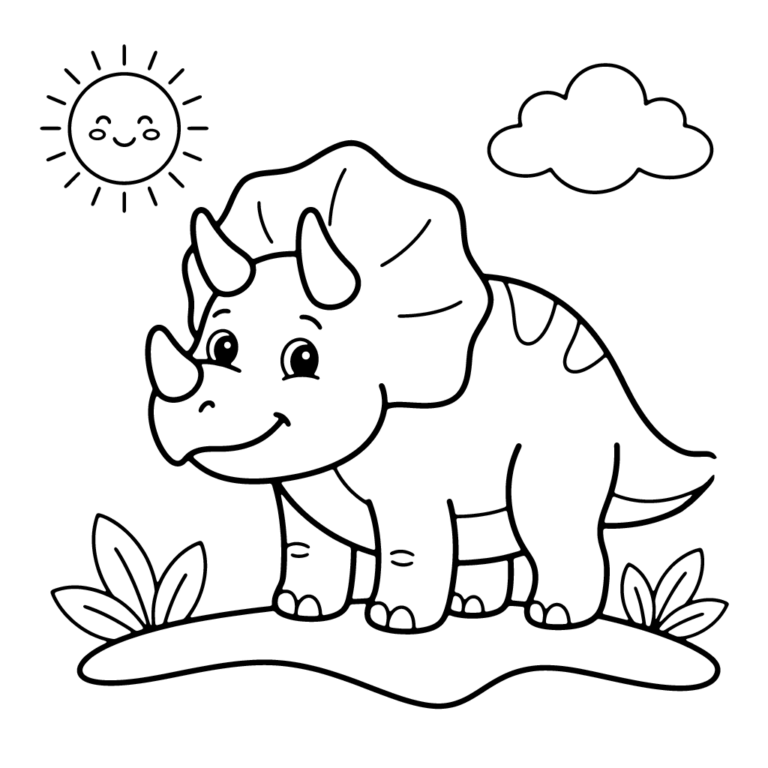 Na obrazku znajduje się sympatyczny triceratops stojący na trawie w towarzystwie uśmiechniętego słońca i chmurki.