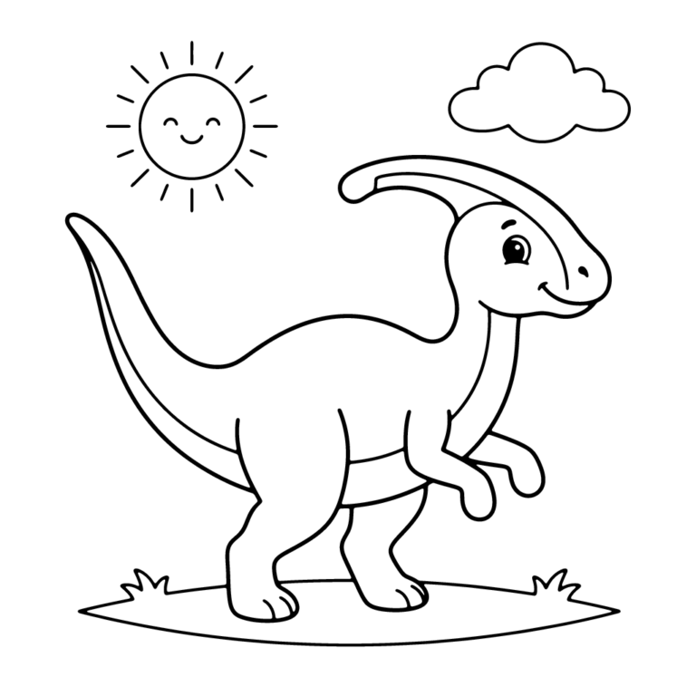 Na obrazku znajduje się duży, uśmiechnięty dinozaur z charakterystycznym długim grzebieniem na głowie, stojący na prostej linii trawy.