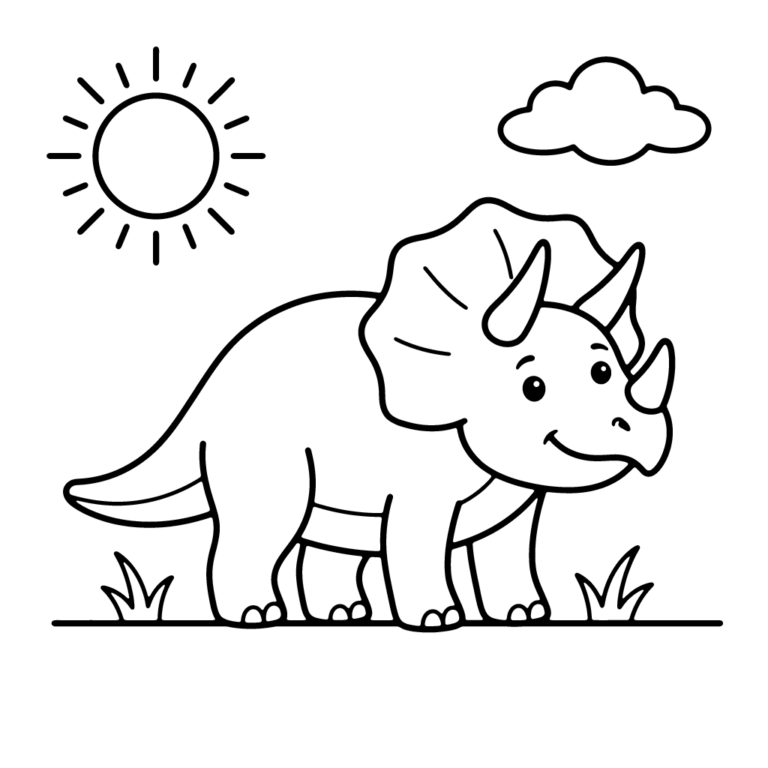 Na obrazku znajduje się przyjazny triceratops z trzema rogami stojący na trawie pod słońcem i chmurką.