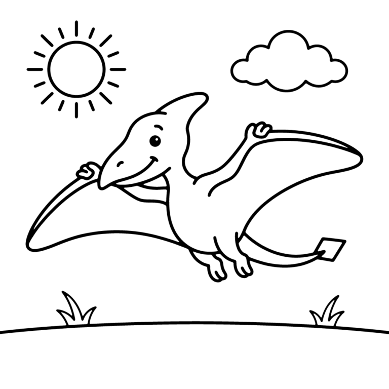 Na obrazku znajduje się uśmiechnięty ptakożar-pterodaktyl z szeroko rozłożonymi skrzydłami, lecący pod słońcem i chmurą.