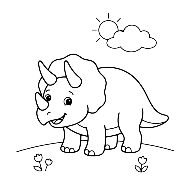 Na obrazku znajduje się uśmiechnięty triceratops z trzema rogami, który stoi na trawie pod słońcem i chmurką.