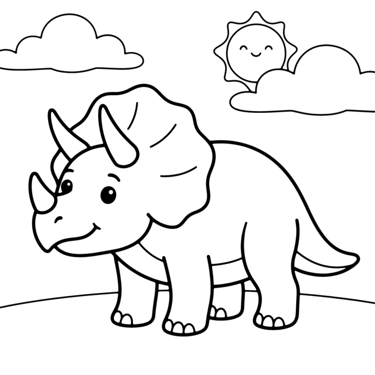 Na obrazku znajduje się przyjazny triceratops z trzema rogami stojący na trawie w otoczeniu chmur i słońca.