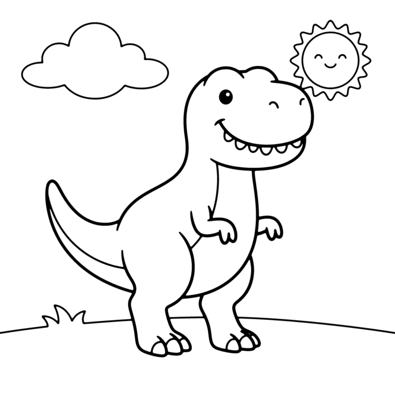 Na obrazku znajduje się uśmiechnięty T-Rex stojący na trawie obok chmury i wesołego słoneczka.