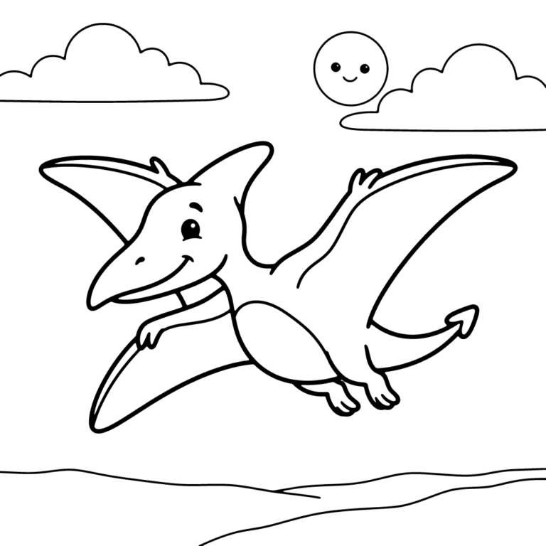 Na obrazku znajduje się uśmiechnięty pterodaktyl z szeroko rozłożonymi skrzydłami lecący nad ziemią w towarzystwie chmur i słońca.