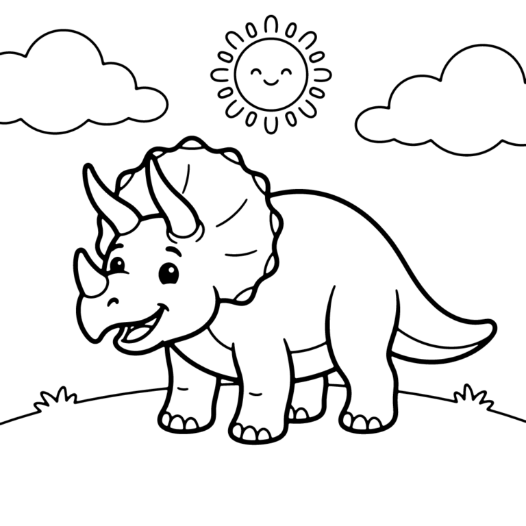Na obrazku znajduje się uśmiechnięty dinozaur triceratops stojący na łące pod radosnym słoneczkiem i chmurami.