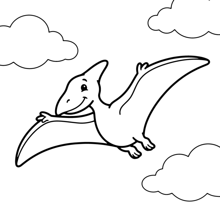 Na obrazku znajduje się wesoły dinozaur latający, pterodaktyl, z szeroko rozpostartymi skrzydłami, który szybuje wysoko na niebie pośród puszystych chmur.
