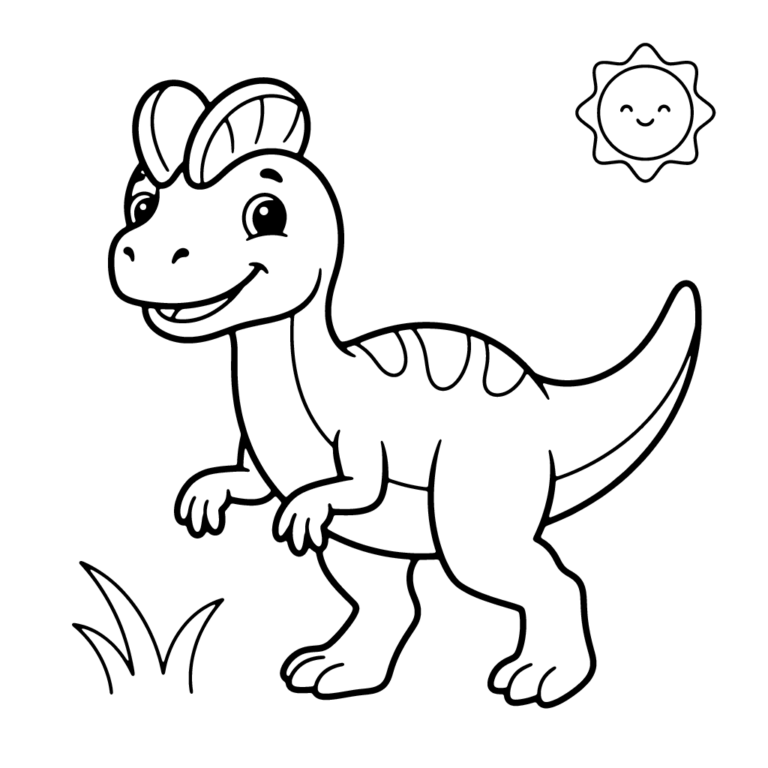 Na obrazku znajduje się uśmiechnięty dinozaur z dwoma półokrągłymi grzebieniami na głowie, stojący na trawie obok małego słoneczka.