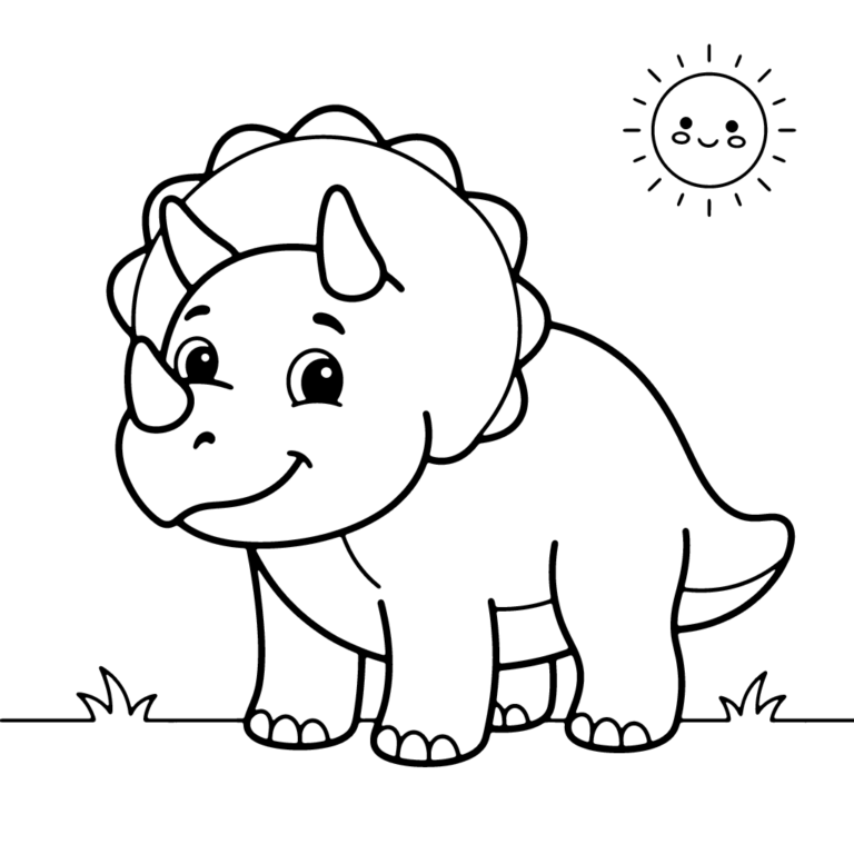 Na obrazku znajduje się uśmiechnięty triceratops z trzema rogami i kryzą na głowie, stojący na trawie pod uśmiechniętym słoneczkiem.