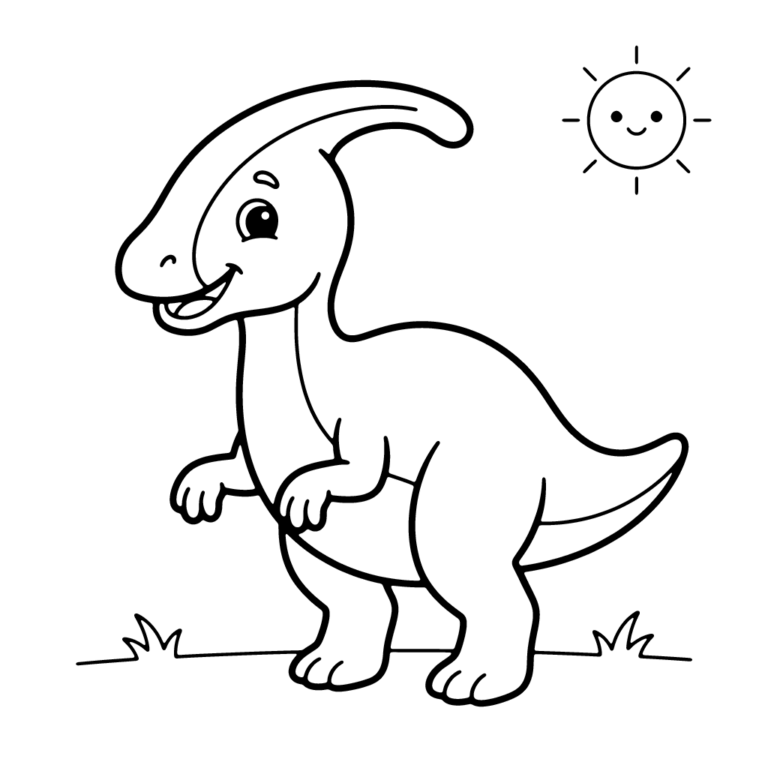 Na obrazku znajduje się wesoły dinozaur z długim, zakrzywionym grzebieniem na głowie, stojący na trawie obok uśmiechniętego słoneczka.