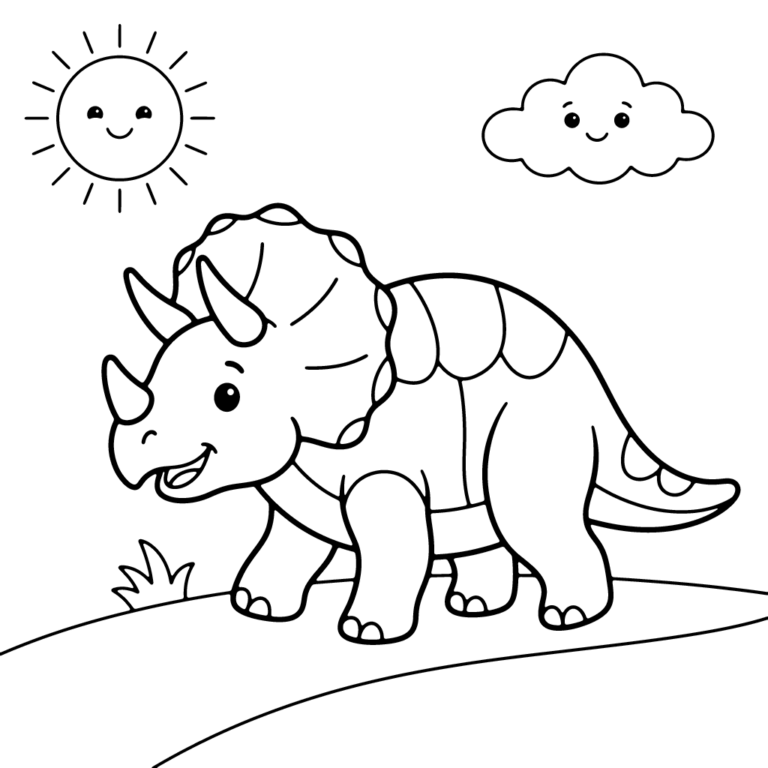 Na obrazku znajduje się uśmiechnięty triceratops z trzema rogami, który idzie przez zieloną łąkę pod wesołym słoneczkiem i chmurką.