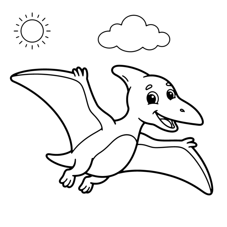 Na obrazku znajduje się duży, uśmiechnięty pterodaktyl z szeroko rozpostartymi skrzydłami, szybujący wysoko na niebie obok słoneczka i chmurki.