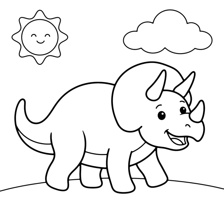 Na obrazku znajduje się duży, uśmiechnięty triceratops z trzema rogami, stojący na prostej linii ziemi pod uśmiechniętym słońcem i chmurką.