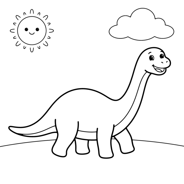 Na obrazku znajduje się duży, uśmiechnięty długoszyi dinozaur stojący na prostej linii ziemi pod uśmiechniętym słońcem i chmurką.