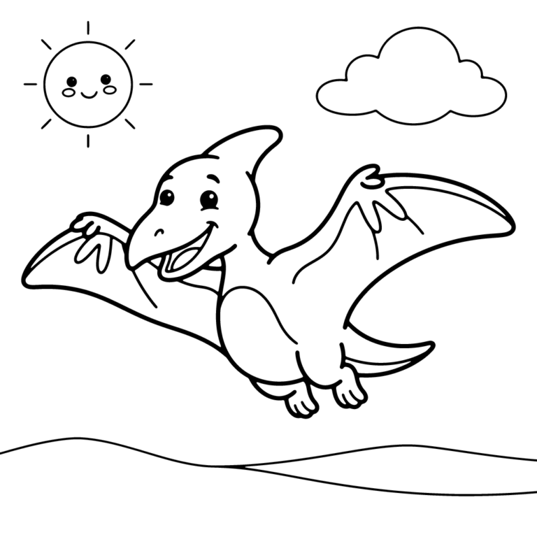 Na obrazku znajduje się uśmiechnięty pterodaktyl z szeroko rozpostartymi skrzydłami, szybujący na tle puszystej chmury i radosnego słońca.
