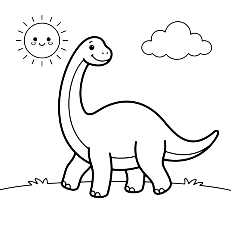 Na obrazku znajduje się uśmiechnięty długoszyi dinozaur stojący na trawie w otoczeniu chmurki i roześmianego słoneczka.