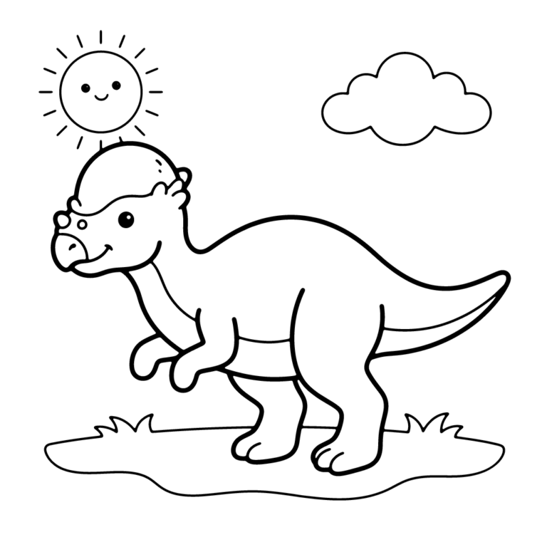Na obrazku znajduje się przyjazny dinozaur z charakterystyczną kopułą na głowie, stojący na trawie pod wesołym słoneczkiem i chmurką.