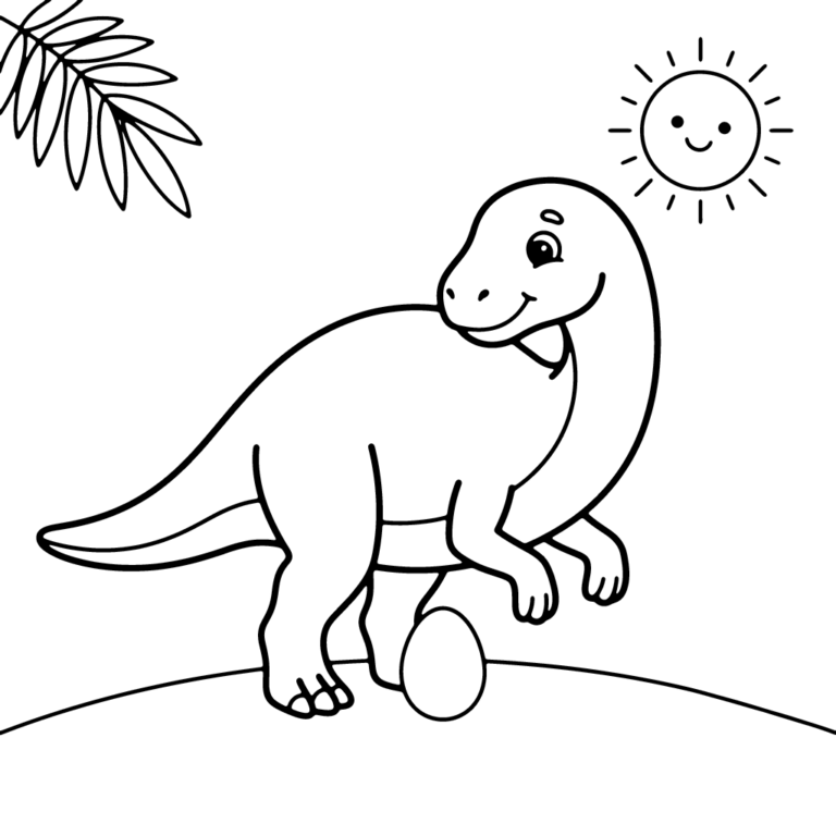 Na obrazku znajduje się uśmiechnięta mama dinozaur, która stoi na prostej linii ziemi i spogląda na jedno jajko leżące u jej stóp, z słońcem i liściem w tle.