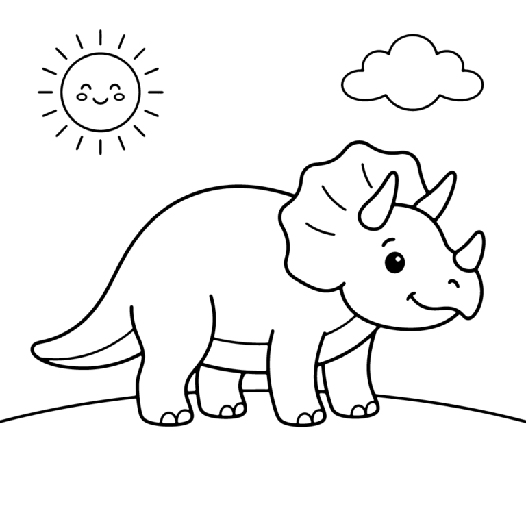 Na obrazku znajduje się uśmiechnięty triceratops stojący na łące pod uśmiechniętym słońcem i puszystą chmurką.