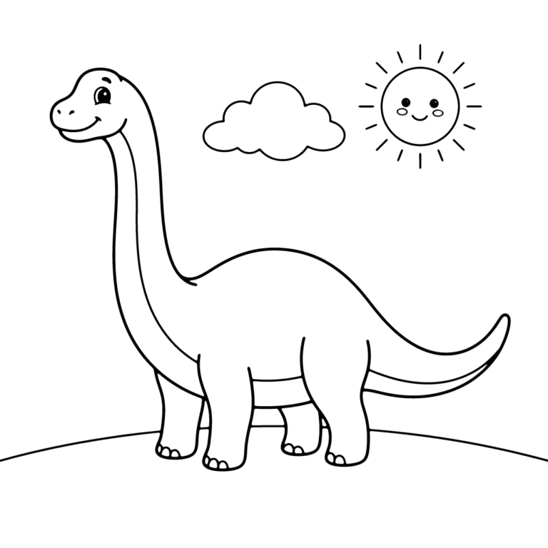 Na obrazku znajduje się duży, przyjazny długoszyi dinozaur stojący na łące pod uśmiechniętym słońcem i chmurką.