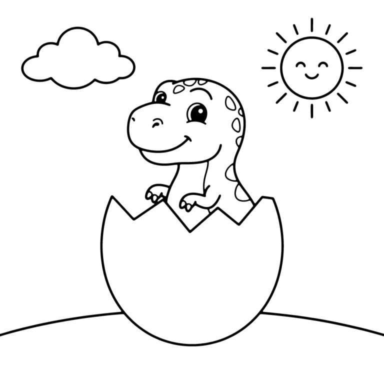 Na obrazku znajduje się uśmiechnięty, mały dinozaur z kropkami, który właśnie wykluwa się z dużej, pękniętej skorupy jajka na łące.