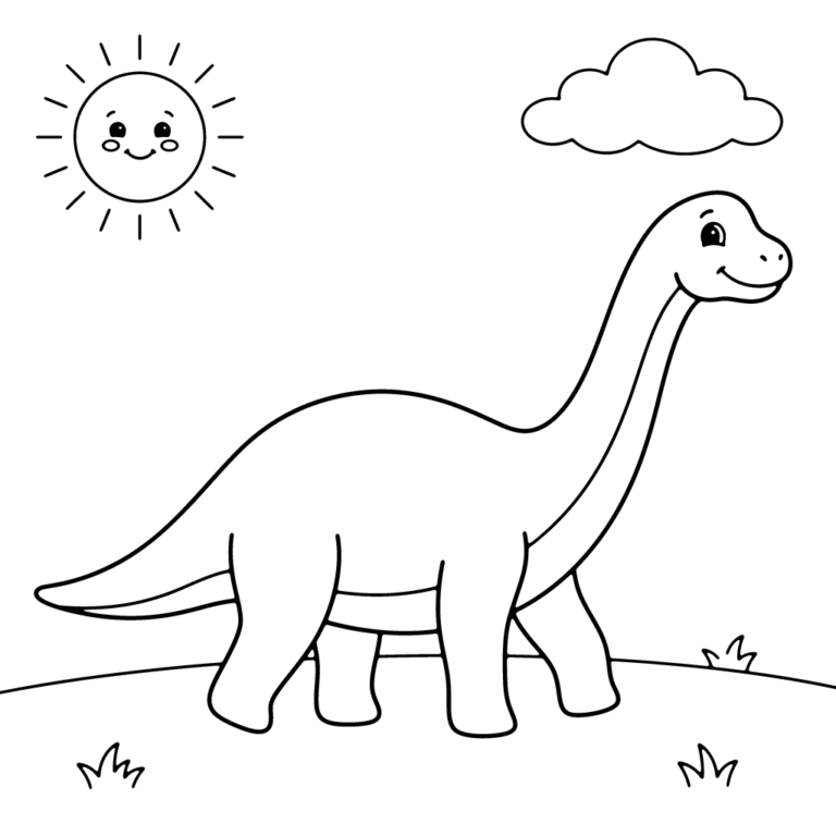Na obrazku znajduje się uśmiechnięty długoszyi dinozaur stojący na zielonej łące pod słońcem i chmurką.