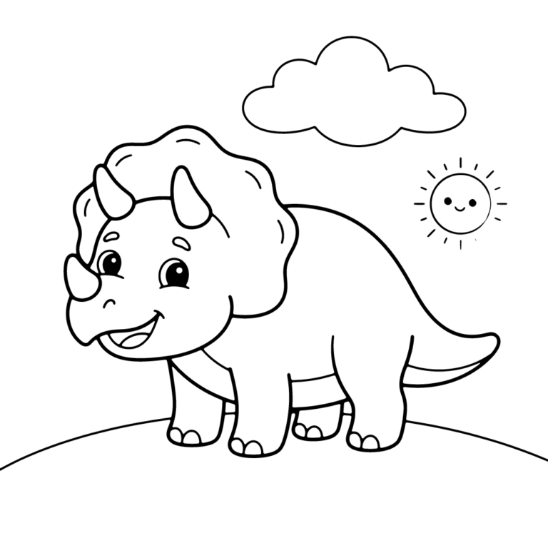 Na obrazku znajduje się uśmiechnięty triceratops stojący na łące pod chmurką i radosnym słońcem.