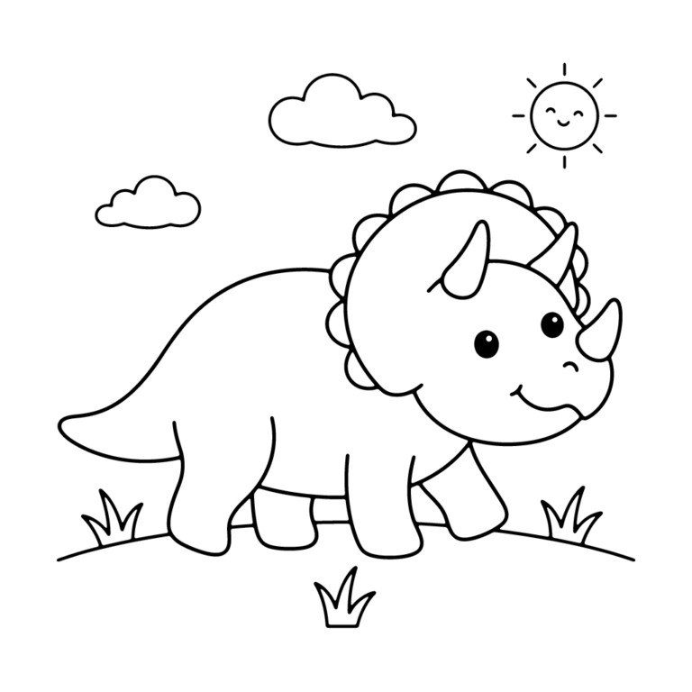 Na obrazku znajduje się uśmiechnięty triceratops spacerujący po łące pod chmurkami i uśmiechniętym słoneczkiem.