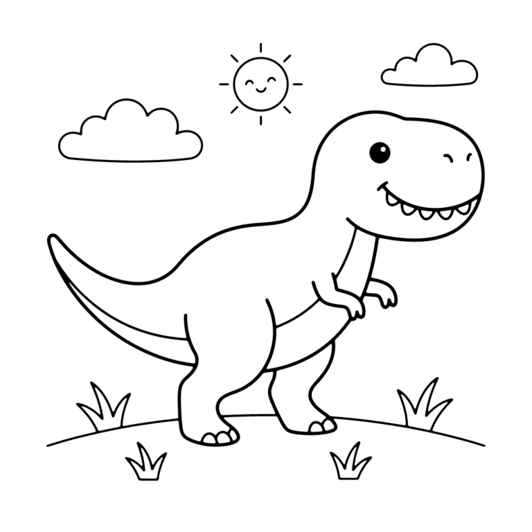 Na obrazku znajduje się uśmiechnięty tyranozaur stojący na trawiastym pagórku pod chmurkami i uśmiechniętym słoneczkiem.