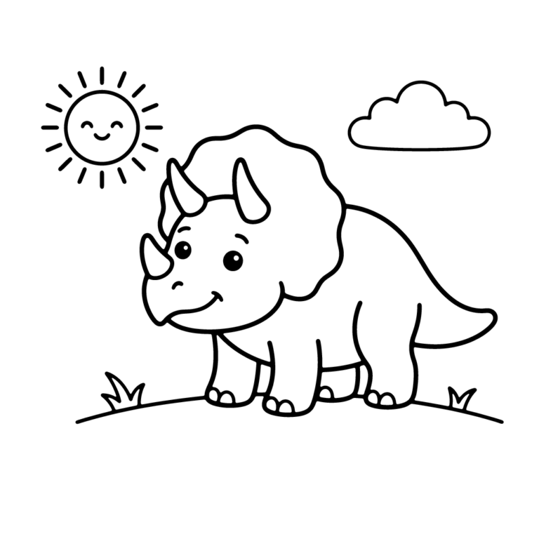 Na obrazku znajduje się uśmiechnięty triceratops stojący na zielonej łące pod radosnym słoneczkiem i chmurką.