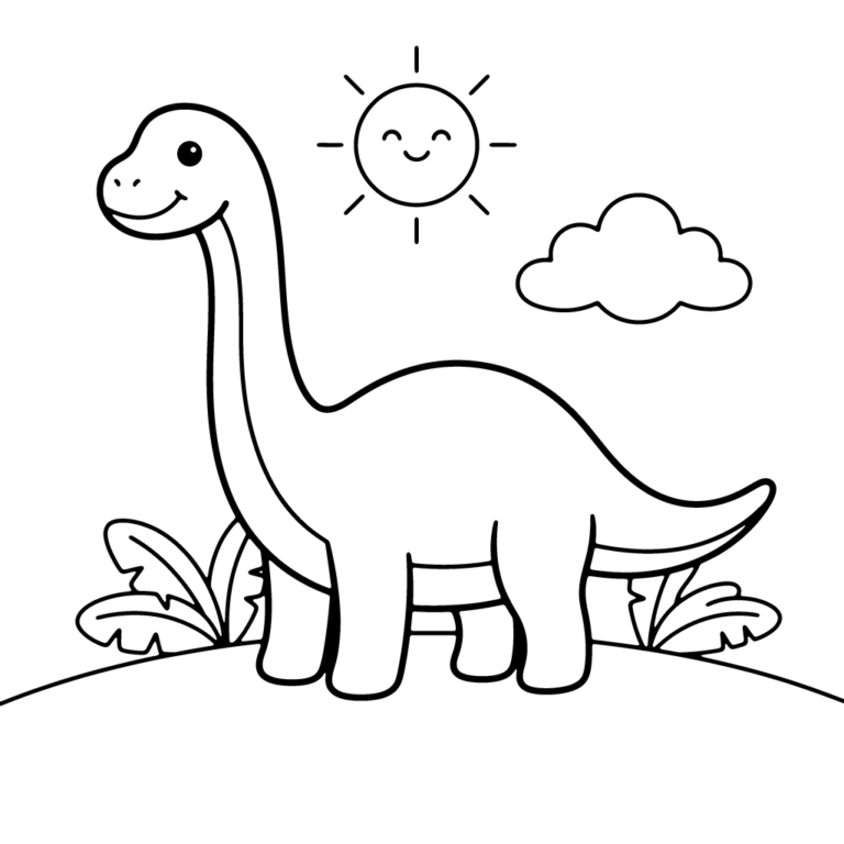 Na obrazku znajduje się przyjazny dinozaur z bardzo długą szyją, stojący na zielonej łące pod uśmiechniętym słoneczkiem i chmurką.