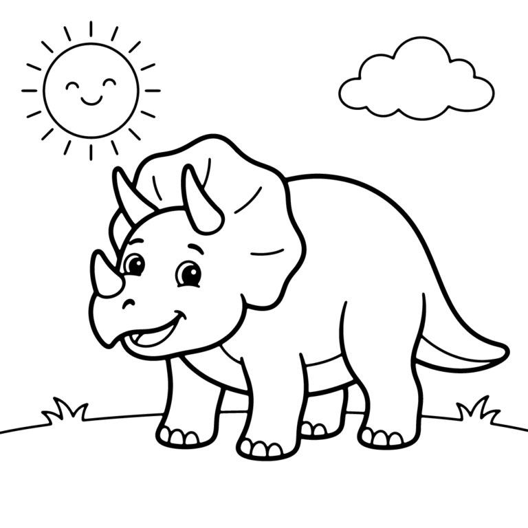 Na obrazku znajduje się sympatyczny triceratops z dużą kryzą i trzema rogami, który stoi na trawie pod uśmiechniętym słoneczkiem.