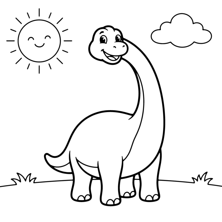 Na obrazku znajduje się duży, uśmiechnięty dinozaur z bardzo długą szyją, który stoi na trawie pod radosnym słoneczkiem i chmurką.