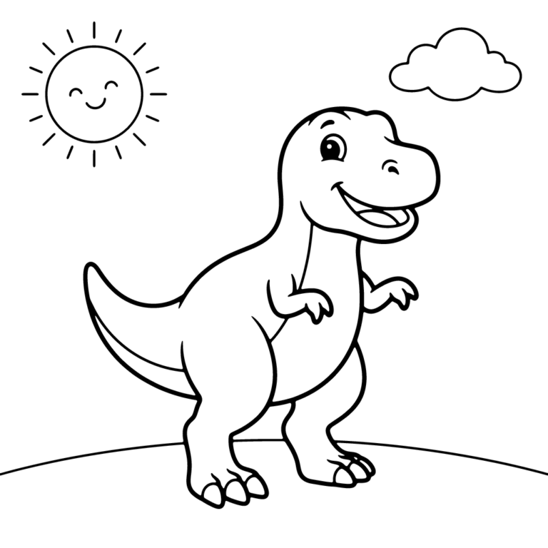 Na obrazku znajduje się duży, uśmiechnięty tyranozaur rex stojący na prostej linii trawy pod radosnym słoneczkiem i chmurką.