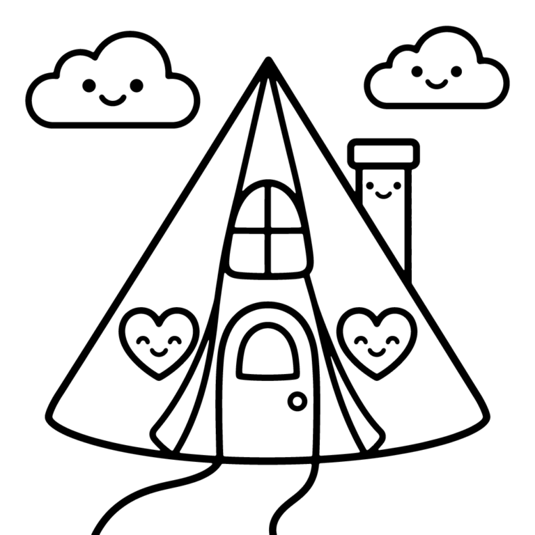 Na obrazku znajduje się domek w kształcie indiańskiego namiotu teepee z drzwiami, okienkiem i dwoma uśmiechniętymi serduszkami po bokach, pod dwiema chmurkami.