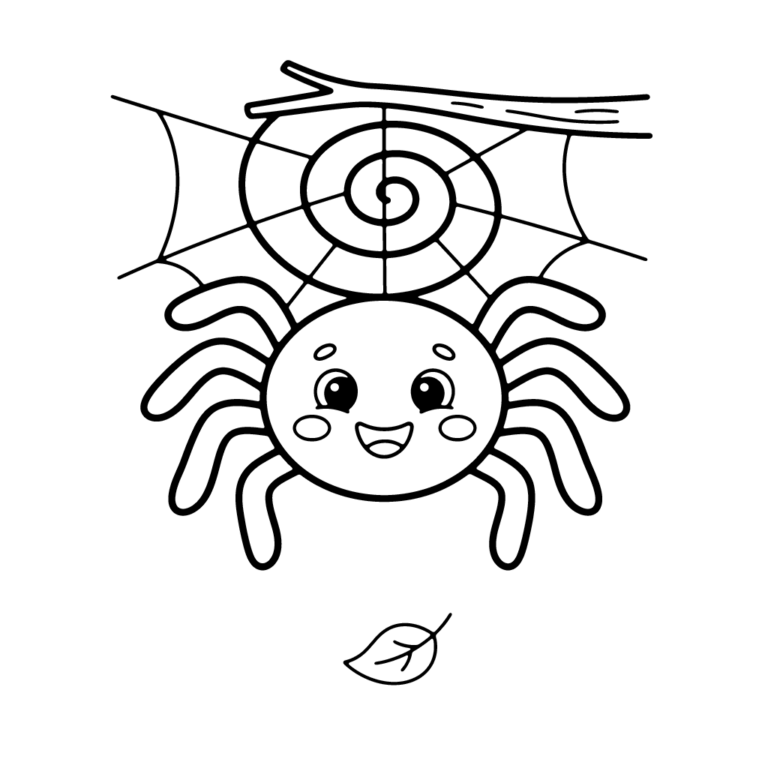 Na obrazku znajduje się uśmiechnięty pajączek wiszący na spiralnej pajęczynie przyczepionej do gałązki.
