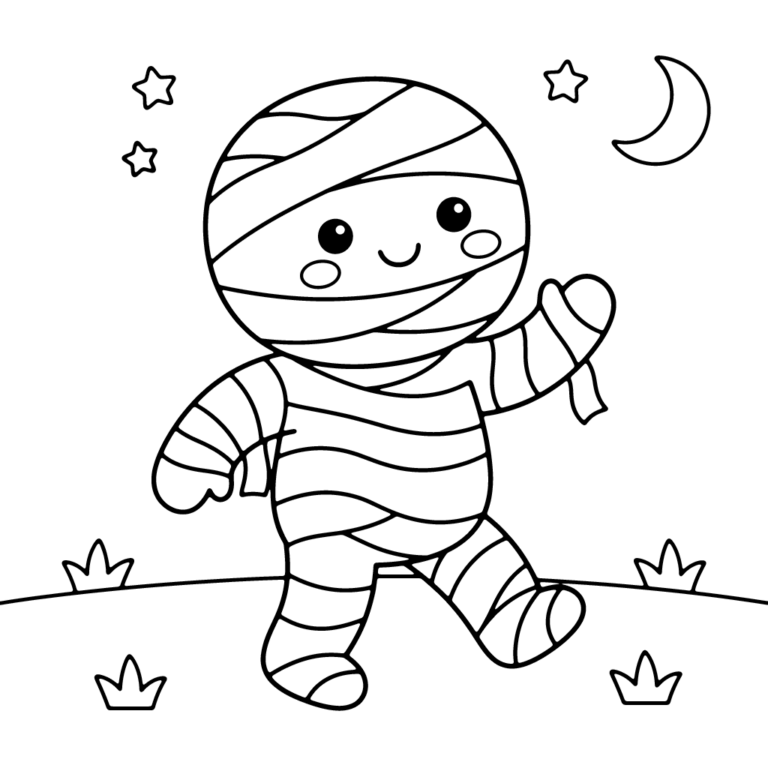 Na obrazku znajduje się uśmiechnięta mała mumia w bandażach, która spaceruje po trawie pod nocnym niebem.