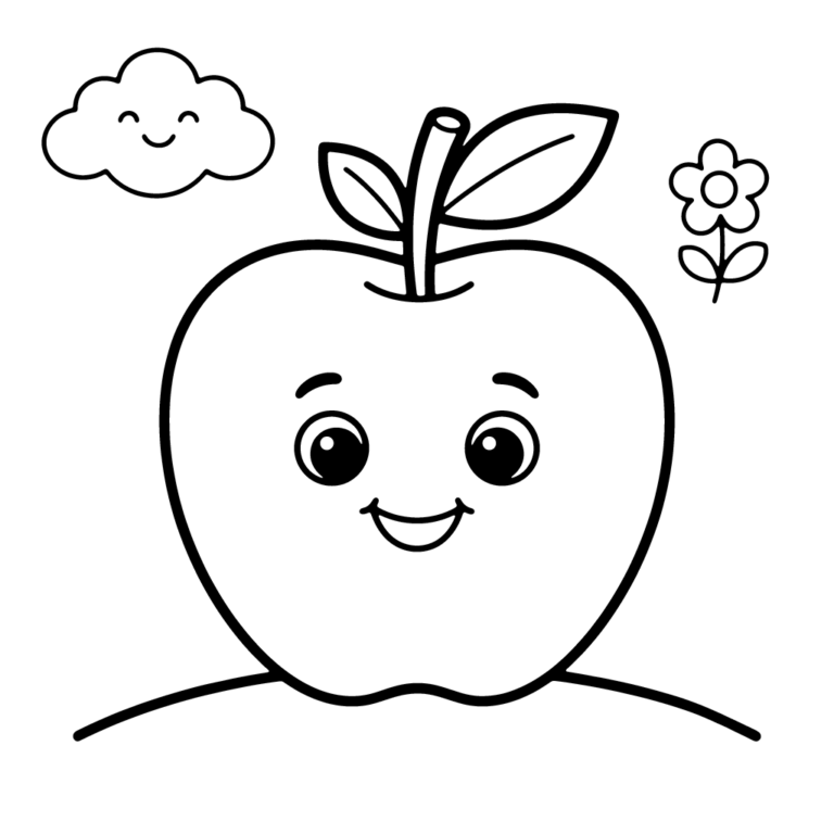Na obrazku znajduje się uśmiechnięte jabłuszko z dwoma listkami stojące na trawie, obok którego rośnie kwiatek, a nad nim unosi się wesoła chmurka.
