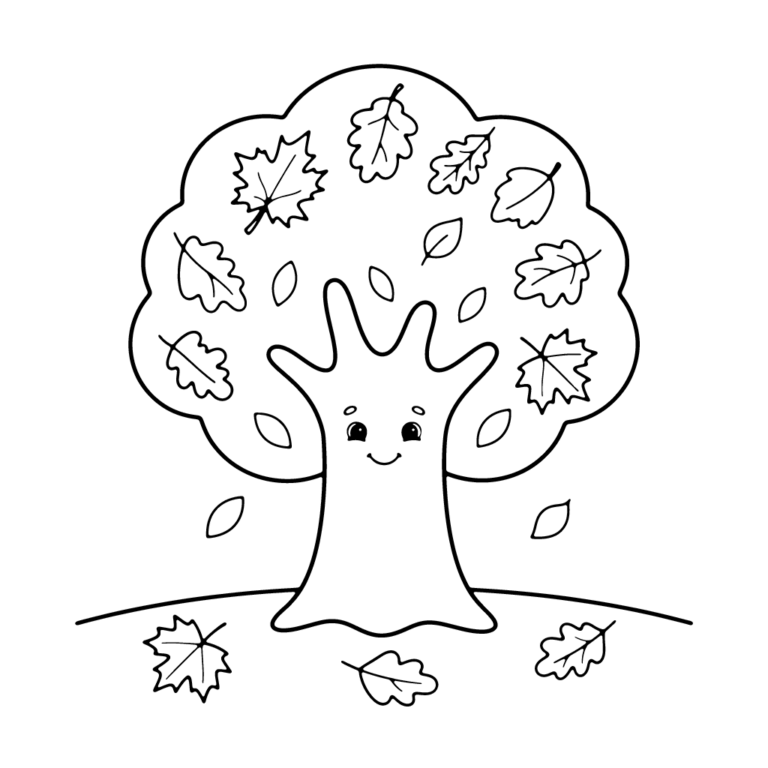 Na obrazku znajduje się duże, wesołe drzewo z bujną koroną pełną jesiennych liści oraz kilkoma liśćmi opadłymi na ziemię.