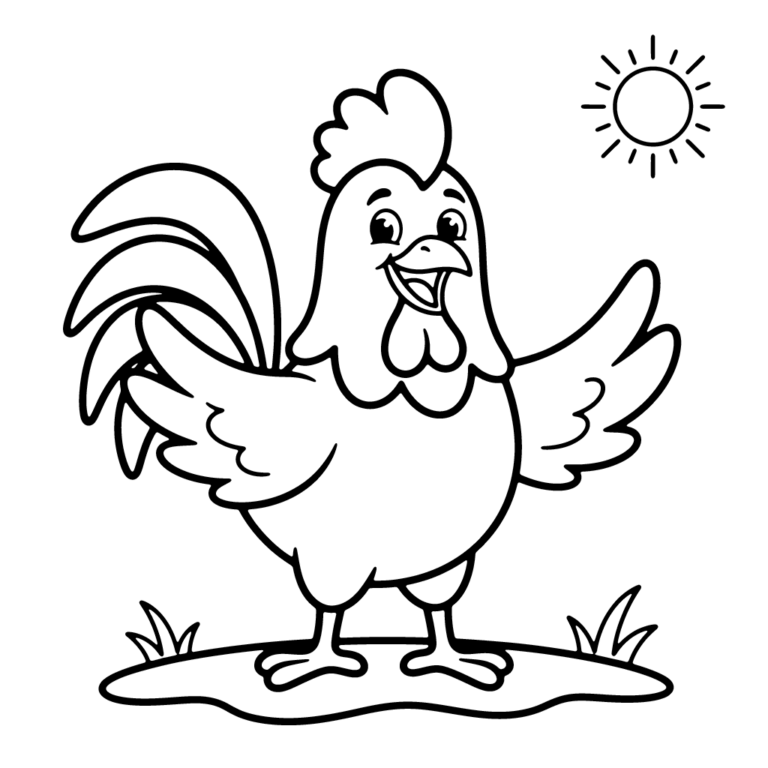 Na obrazku znajduje się duży, uśmiechnięty kogut stojący na kępce trawy pod świecącym słoneczkiem.