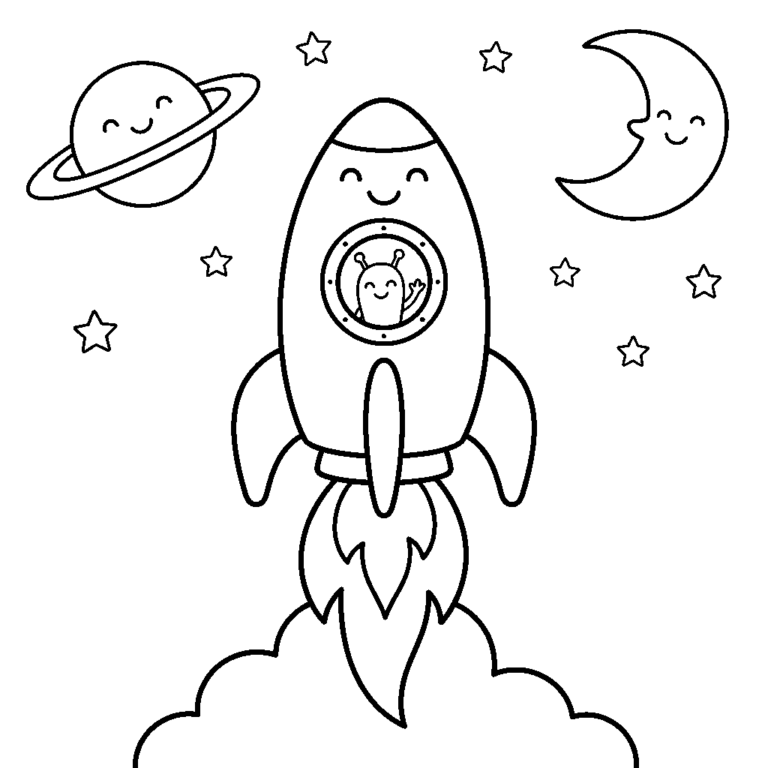 Na obrazku znajduje się uśmiechnięta rakieta kosmiczna z małym kosmitą w okienku, lecąca pośród uśmiechniętych planet i gwiazd.