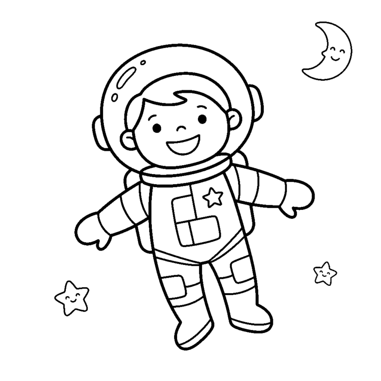 Na obrazku znajduje się uśmiechnięty astronauta w skafandrze, unoszący się w kosmosie obok wesołego księżyca i gwiazdek.