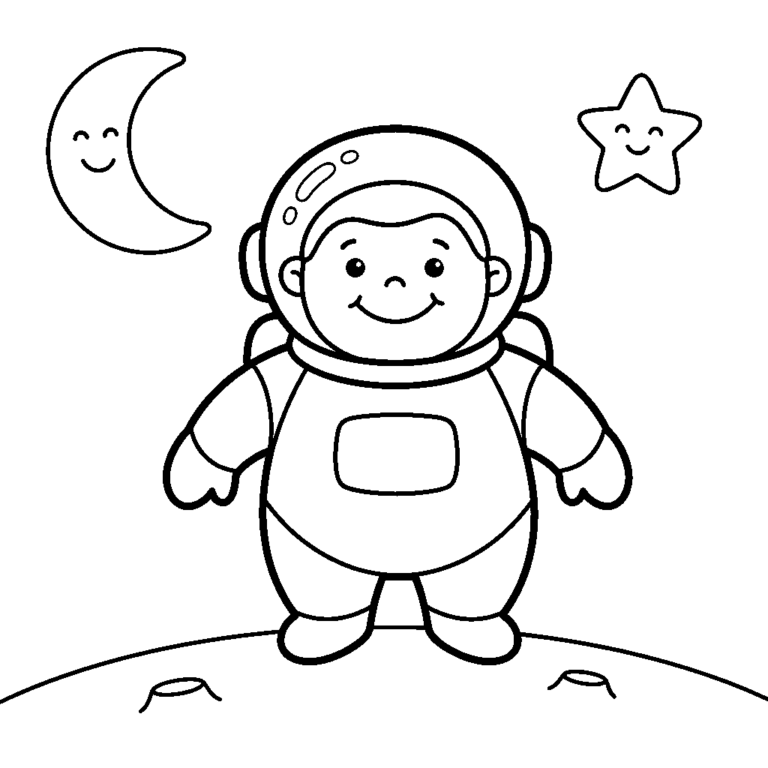 Na obrazku znajduje się sympatyczny, mały astronauta w skafandrze, stojący na powierzchni Księżyca w towarzystwie uśmiechniętego księżyca i gwiazdki.