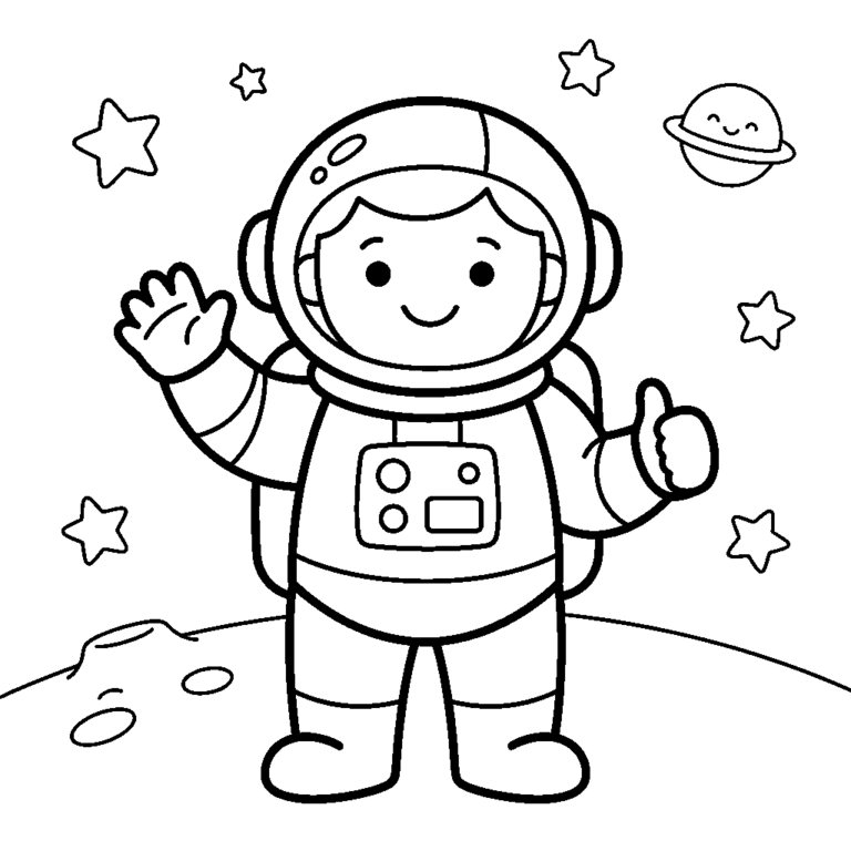 Na obrazku znajduje się przyjazny, uśmiechnięty astronauta w skafandrze, stojący na powierzchni Księżyca i wykonujący gesty powitania oraz aprobaty, w otoczeniu gwiazd i małej planety.