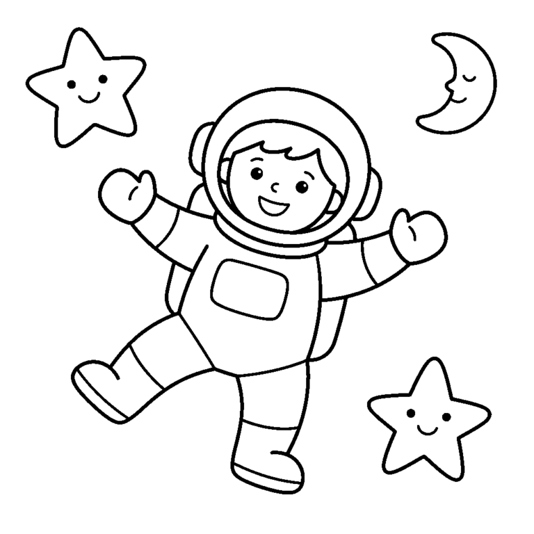 Na obrazku znajduje się duży, uśmiechnięty astronauta w skafandrze, który swobodnie unosi się w przestrzeni kosmicznej.