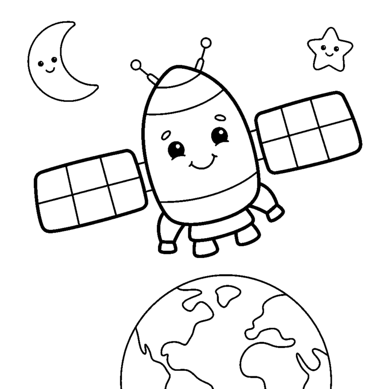 Na obrazku znajduje się duży, uśmiechnięty satelita z panelami słonecznymi, który unosi się nad Ziemią w towarzystwie gwiazdki i księżyca.