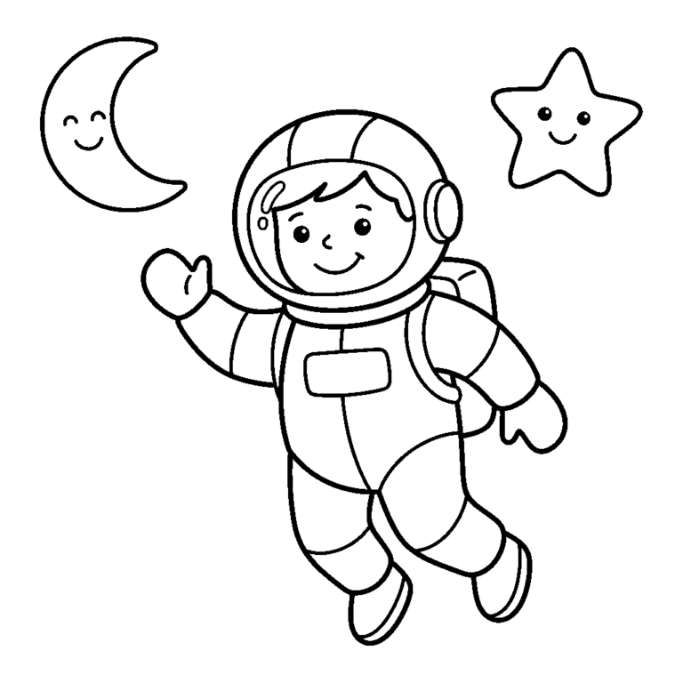 Na obrazku znajduje się duży, uśmiechnięty astronauta w skafandrze, który unosi się w kosmosie i macha ręką, w towarzystwie wesołego księżyca i gwiazdki.