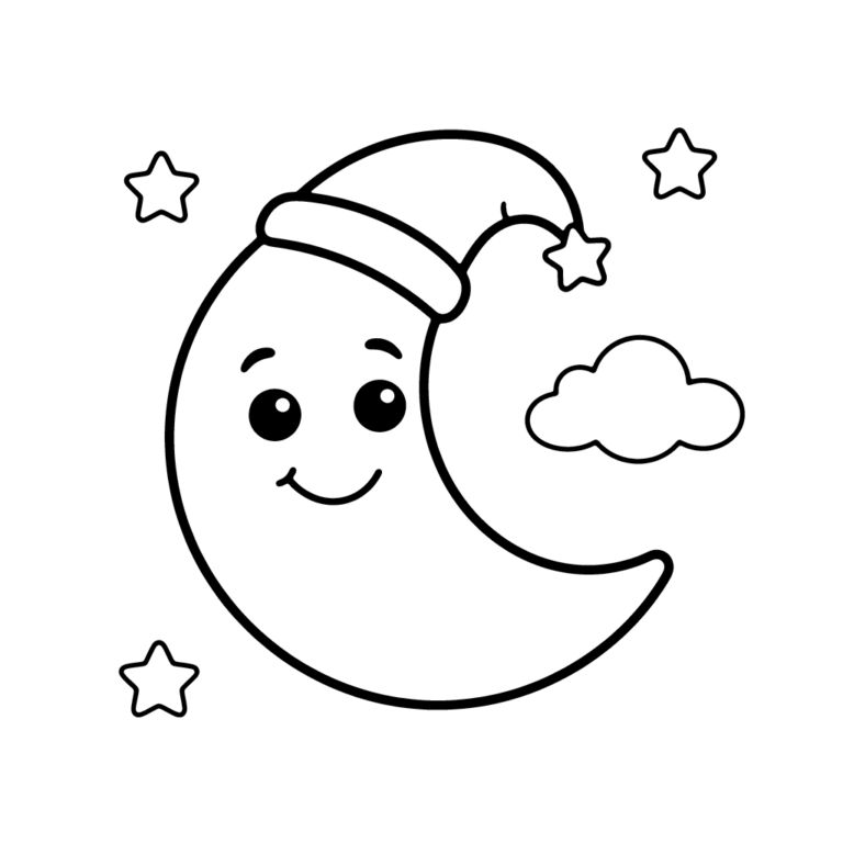 Na obrazku znajduje się uśmiechnięty rogalik księżyca w nocnej czapce, otoczony gwiazdkami i chmurką.