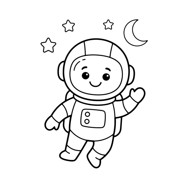 Na obrazku znajduje się uśmiechnięty mały astronauta w skafandrze machający na powitanie, otoczony gwiazdkami oraz rogalikiem księżyca.