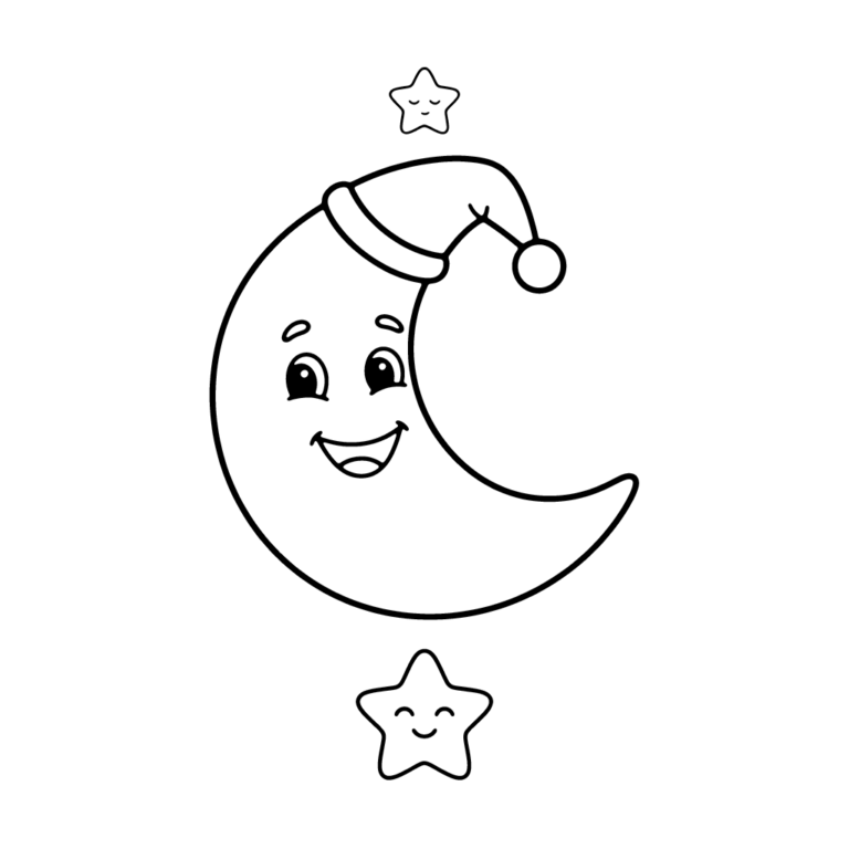 Na obrazku znajduje się duży, uśmiechnięty rogalik księżyca w nocnej czapeczce z pomponem, otoczony dwiema małymi gwiazdkami.