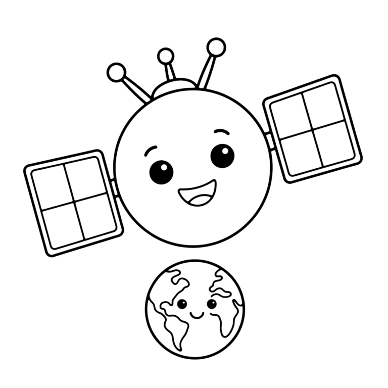 Na obrazku znajduje się uśmiechnięty satelita z panelami słonecznymi i antenami, który unosi się w kosmosie nad małą, roześmianą Ziemią.